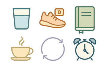Daily routine and healthy lifestyle icons for tracking habits and schedule