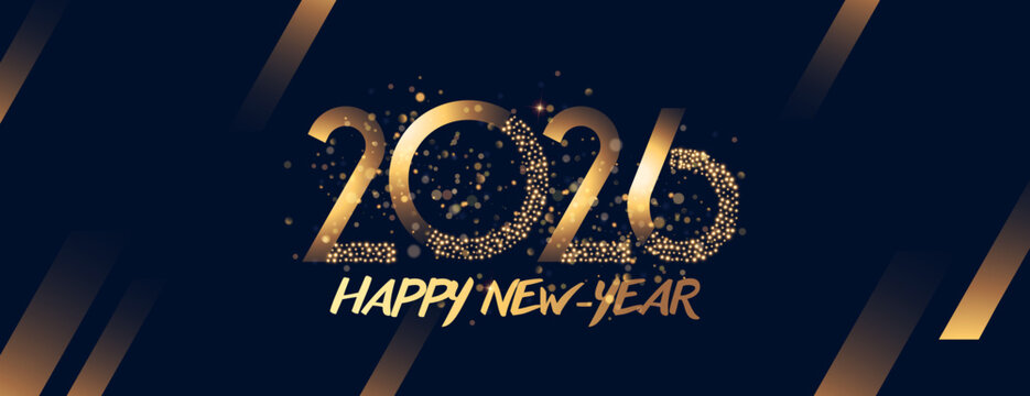 A card or banner to wish a happy new year 2026 in gold with bokeh effect circles on a black background with gradient gold lines