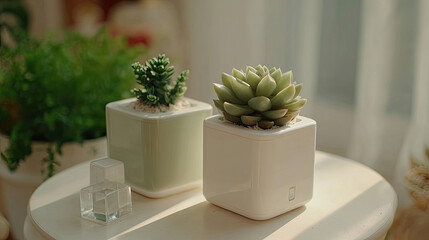 Two Succulents in Minimalist Planters Bathed in Natural Light