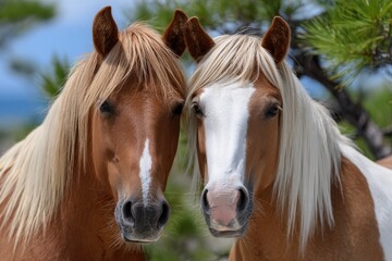 Fototapeta premium two wild horses, chestnut and brown in color with blonde manes, standing side by side on the grassy dunes at cape hatteras national seashore