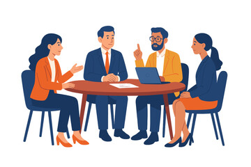 Diverse business team collaborating around oval table with technology and papers