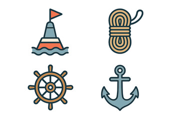 Set of nautical equipment icons featuring buoy, rope, ship wheel, and anchor