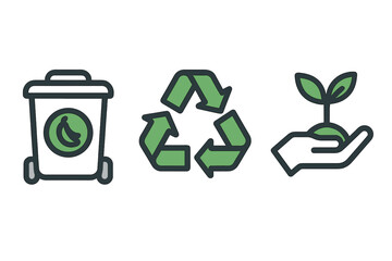 Compost bin recycling symbol and growing plant icons set