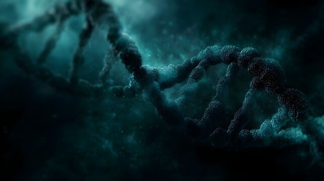 Abstract 3D rendering of a glowing DNA double helix molecule in dark ethereal space representing science genetics and life s code
