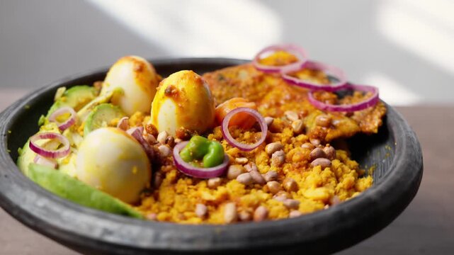 Eto with Groundnut and Avocado, Mashed Ripe Plantain Mixed With Palm Oil, Onions, and roasted groundnuts, Africa Ghana Traditional Dish