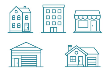 Set of simple line icons representing various building types and architecture