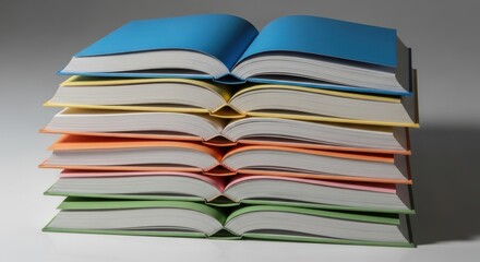 A stack of open books with colorful covers on a light gray background