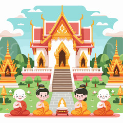 Obraz premium Four Buddhist monks in traditional robes meditating in front of a grand temple with ornate golden spires and lush green trees under a cloudy sky.