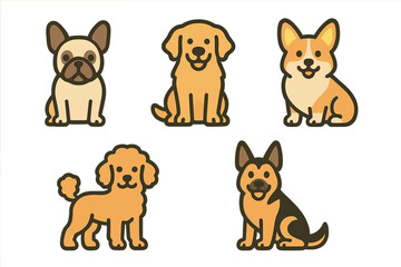 Set of five cute cartoon dog breeds icons including French Bulldog and Corgi