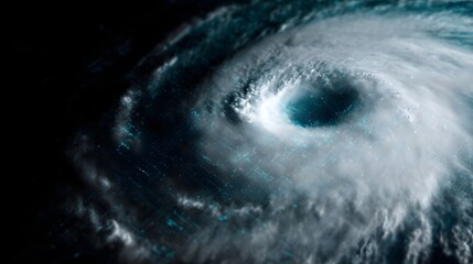Fototapeta premium Satellite image capturing a massive hurricane showcasing its swirling vortex with a luminous digital data overlay