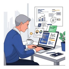 Man Analyzing Data on Laptop with Coffee and Charts.