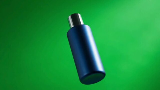 Elegant blue bottle mockup levitates against vibrant green backdrop, perfect for showcasing cosmetic product in dynamic motion for beauty brand promos