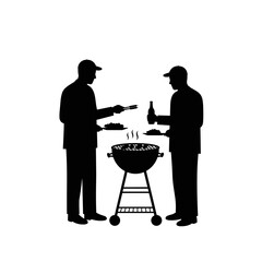 Men grilling at barbecue while enjoying drinks on white background  