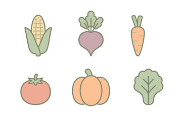 Six colorful stylized icons of common vegetables including corn, beet, carrot, tomato, pumpkin, and lettuce