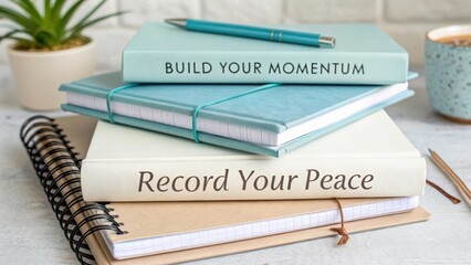 Stacked Journals with Encouraging Messages on a Desk Setup