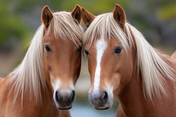 Fototapeta premium two brown wild horses with blonde manes, on the shackleford islands in north carolina