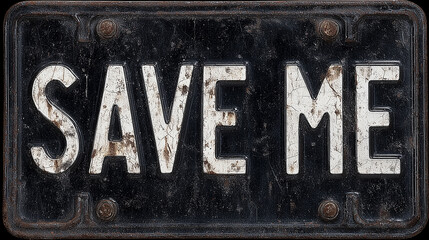 Fototapeta premium Vintage black metal license plate sign with distressed white letters saying Save Me
