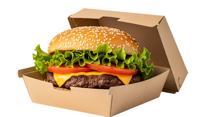 Delicious cheeseburger with fresh ingredients in eco friendly cardboard box