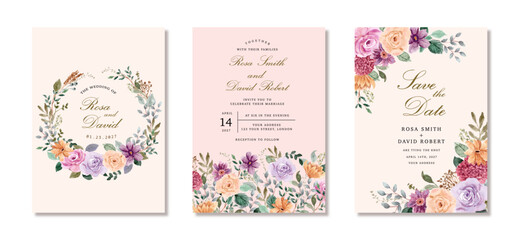 wedding invitation set with flower garden watercolor frame