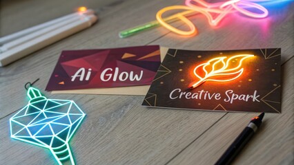 Neon Brush Strokes of Polygons Shaped Like Flames on Wood Surface