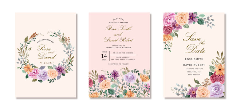 wedding invitation set with flower garden watercolor frame - Powered by Adobe