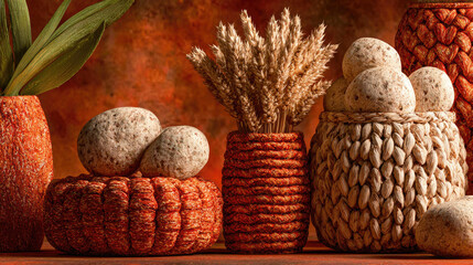 Warm Autumn Still Life: Decorative Gourds, Wheat, and Neutral Tones