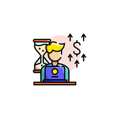Man with Laptop and Hourglass Symbolizing Time and Money Growth with Upward Arrows and Dollar Sign Icon