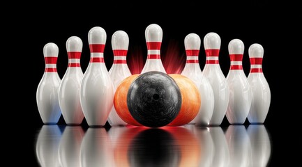 Bowling pins and ball on a reflective surface with a dark background.