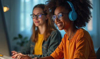 Two young women work on computers in evening. African American girl wears blue headphones, smiles at screen. Colleague types on keyboard. Collaborate on project in modern office workspace. Diverse