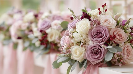 Obraz premium Beautiful floral arrangements featuring soft pastel roses and delicate greenery, perfect for weddings and celebrations.