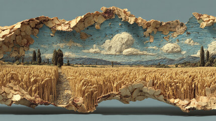 Wheat Field Landscape with Mountains, Conceptual Artwork