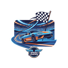 Sleek racing car vector. Bold outlines, dramatic finish line, modern stadium lights, vibrant blueorange. Ideal for sports, automotive, triumph designs.