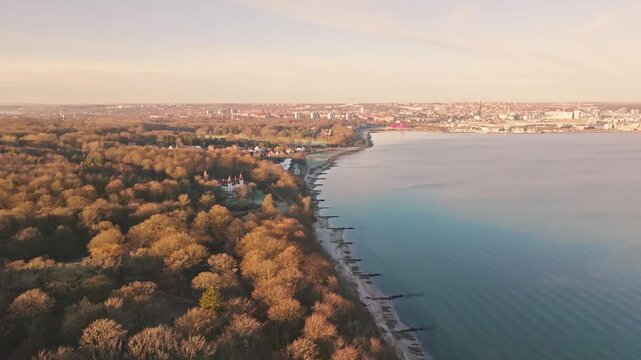 Drone panorama showing Marselisborg Forest, Aarhus Bay, and the skyline of Aarhus city under the cold tones of late autumn. A blend of nature and urban stillness.