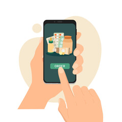 Hands hold a smartphone and order medicine. Online pharmacy, drug delivery, prescription medicines order concept, medical treatment, online mobile app