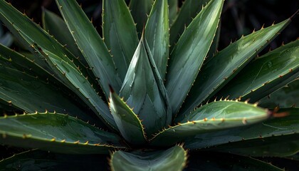 A close-up shot features a robust, vibrant succulent. The deep green leaves radiate outwards, edged with tiny, spiky thorns. Subtle light and shadows play across the surface