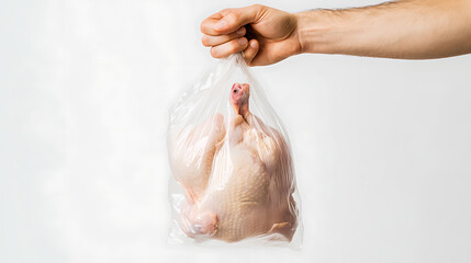 A hand holds a whole raw chicken inside a clear plastic bag against a plain white background, highlighting food preparation or grocery shopping.