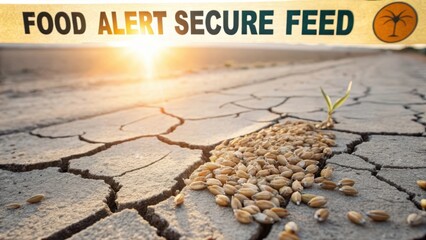 Grain Pile on Cracked Soil Under Sunlight with Food Alert Tag