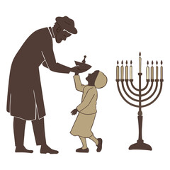 Print Father and child playing with a dreidel next to a menorah