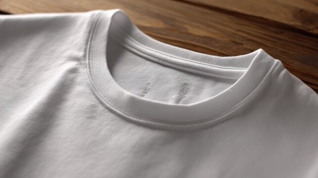 Close-up mockup of round neck T-shirt sleeve and collar detail, soft background blur, clean product photography