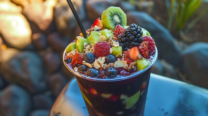 A colorful fruit smoothie in a cup with a straw