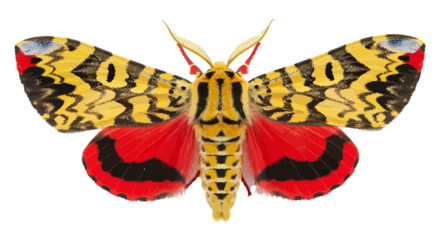 Vibrant Yellow and Red Moth with Intricate Wing Patterns Isolated on White