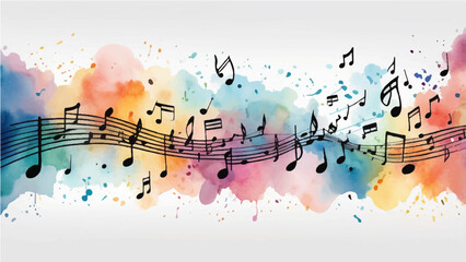 Colorful abstract music background with artistic paint splashes and flowing notes © SAHAD