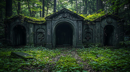 A cemetery with a large stone building and a lot of moss