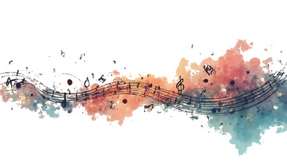 Colorful abstract music background with artistic paint splashes and flowing notes © SAHAD