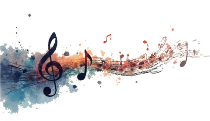 Colorful abstract music background with artistic paint splashes and flowing notes © SAHAD