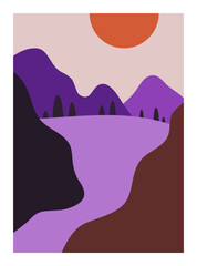 Colorful minimalist landscape with sun, mountains, and forest