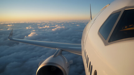 High-flying adventure above the clouds: Airplane wing slicing through the sky at sunset, a serene view from above the clouds. Feel the rush!