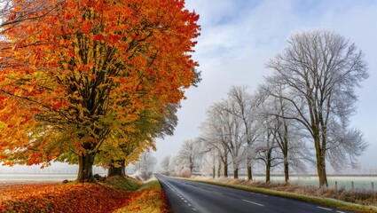Vivid Autumn Foliage Contrasting With Frosty Winter Trees Along A Winding Asphalt Road Under A Soft Blue Sky Seasonal Transition Nature Landscape Outdoor Serene Scenic Pathway Journey