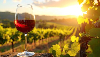 Red Wine Glass at Sunset Vineyard