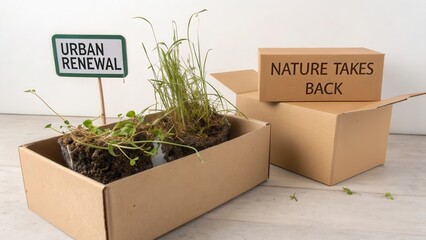 Urban Renewal Concept with Cardboard Box and Weeds in Planters